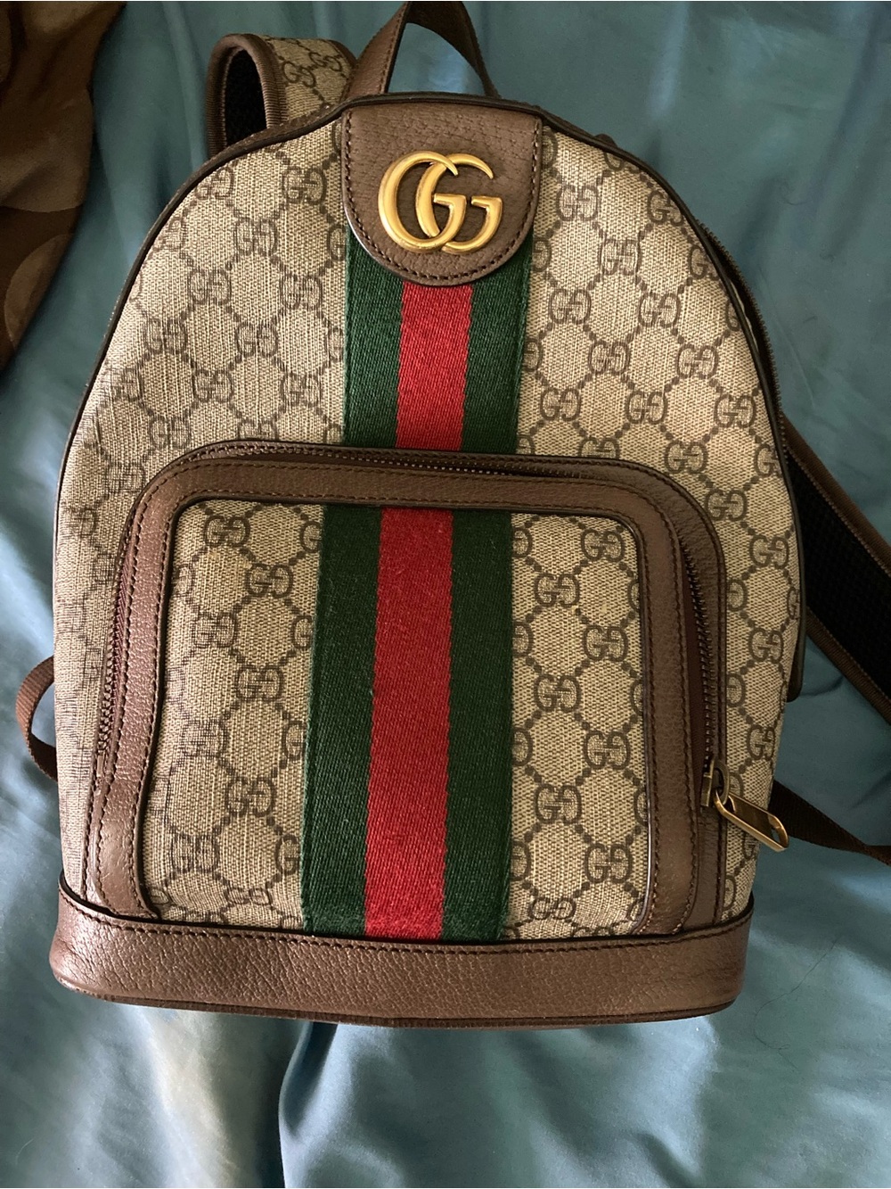 Gucci Beige/Brown GG Canvas Backpack with Green-Red Web and Gold Hardware